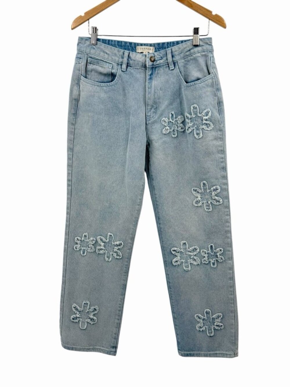 HARPER HERITAGE Women's Light Wash Floral Embroidered Mid-Rise Straight Jeans 28